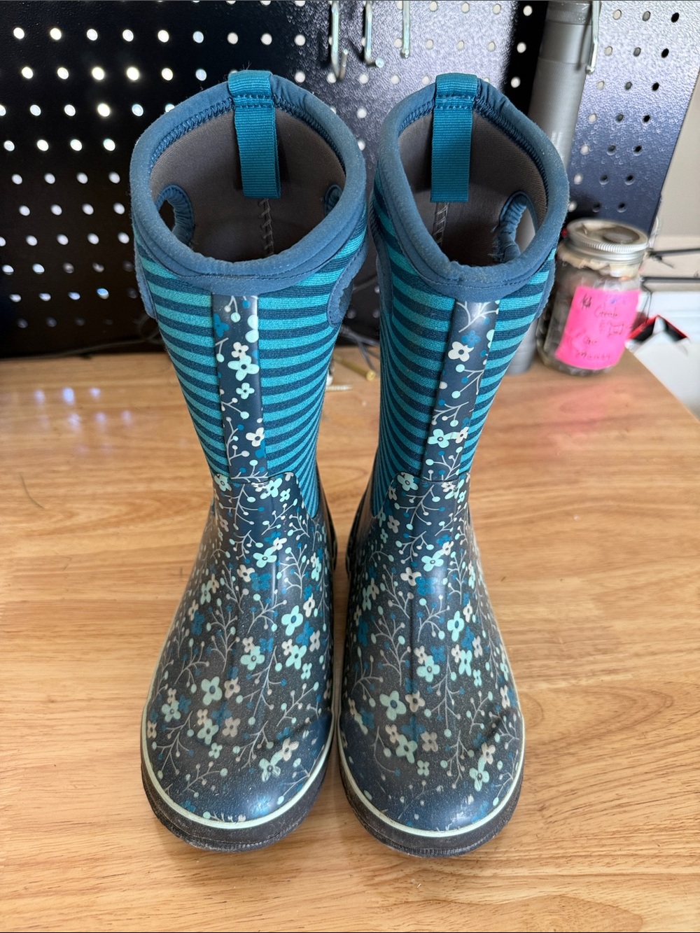 Bogs Teal and Navy Floral Stripe Kids Rain Boots